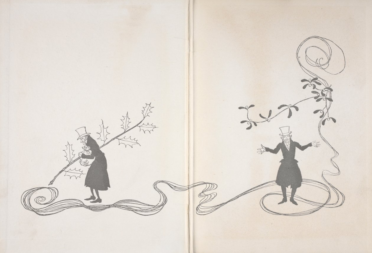 史古治的插图。一边是一枝冬青树，他攥着一袋钱，看起来很生气。另一面则画着一枝槲寄生，看起来很开心。 作者 亚瑟·拉克汉姆（Arthur Rackham）