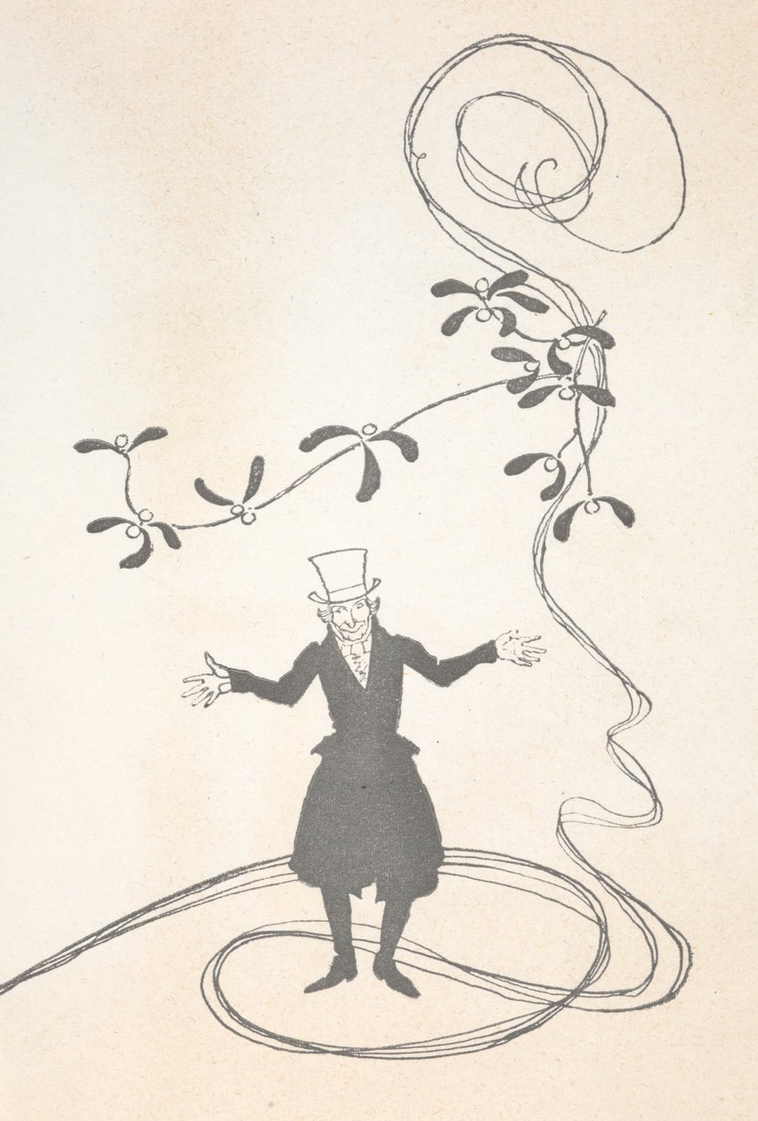 史古治的插图，画中的史古治戴着一枝槲寄生，看上去很开心。 作者 亚瑟·拉克汉姆（Arthur Rackham）