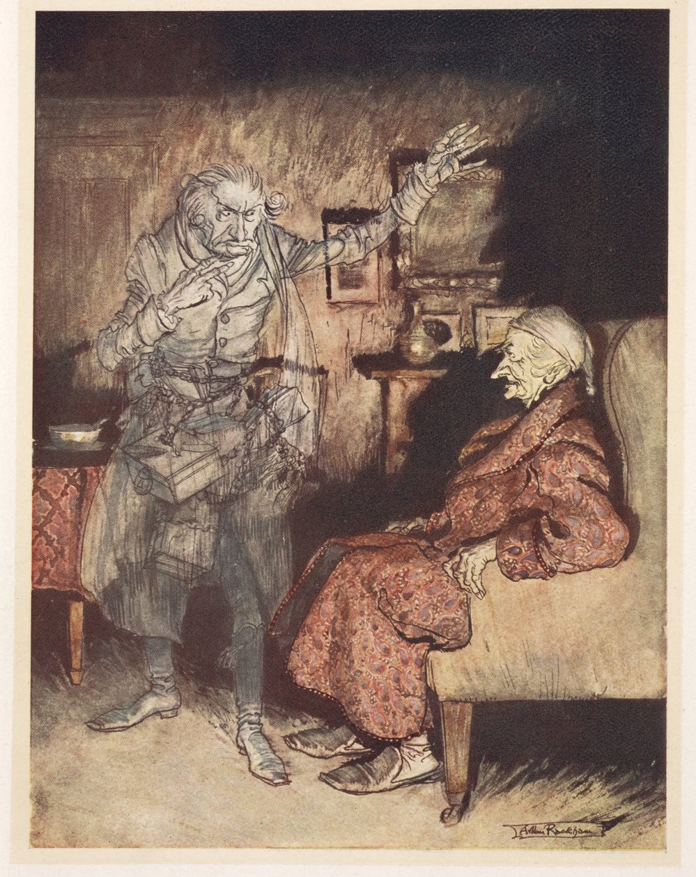 史克鲁奇与过去圣诞节幽灵的插图 作者 亚瑟·拉克汉姆（Arthur Rackham）