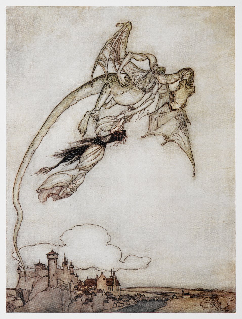 聪明四兄弟》中龙带走公主的插图。 作者 亚瑟·拉克汉姆（Arthur Rackham）