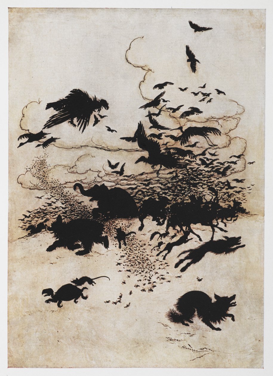 鹪鹩与熊》中动物踩踏的插图。 作者 亚瑟·拉克汉姆（Arthur Rackham）