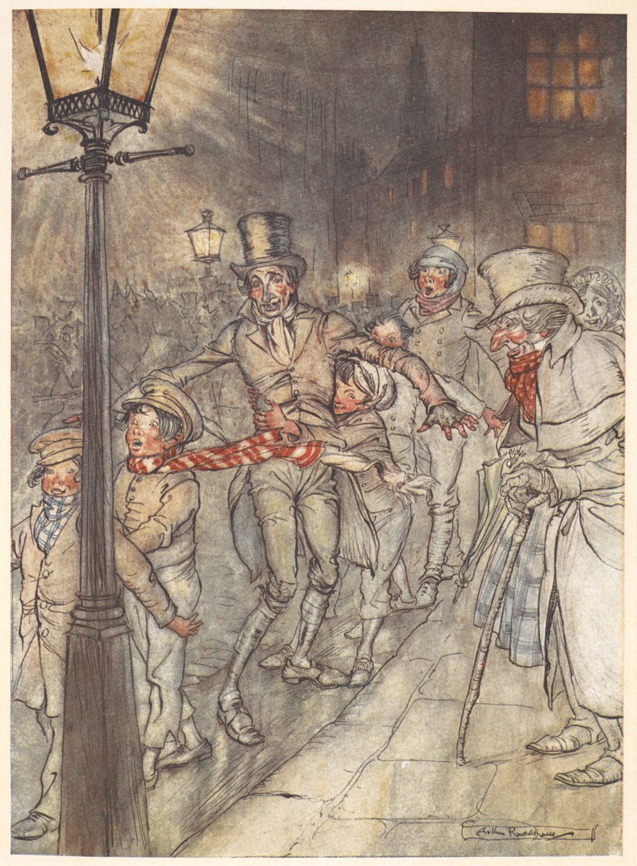 圣诞夜的街景插图，有鲍勃-克拉奇特和孩子们。 作者 亚瑟·拉克汉姆（Arthur Rackham）