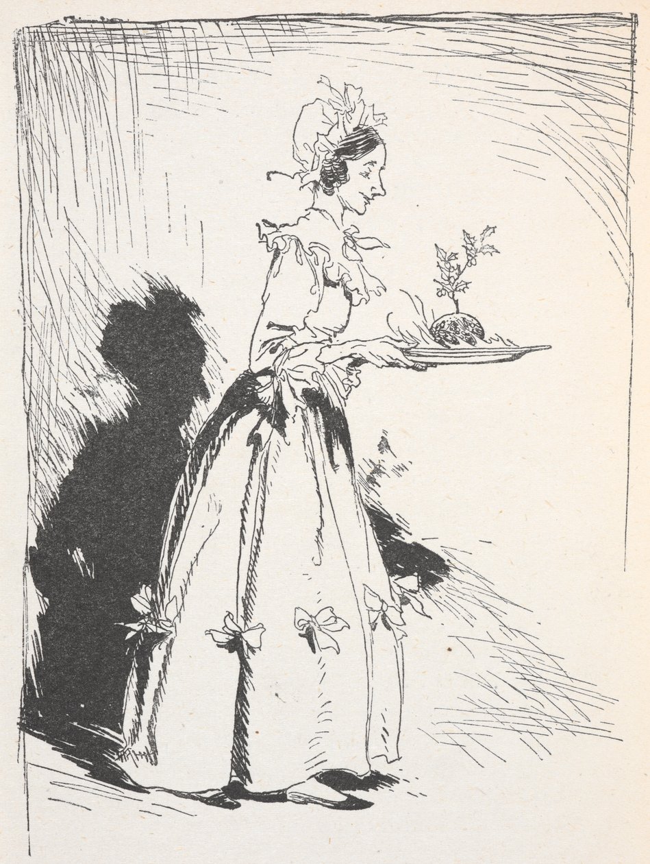 一名妇女携带圣诞布丁的插图 作者 亚瑟·拉克汉姆（Arthur Rackham）
