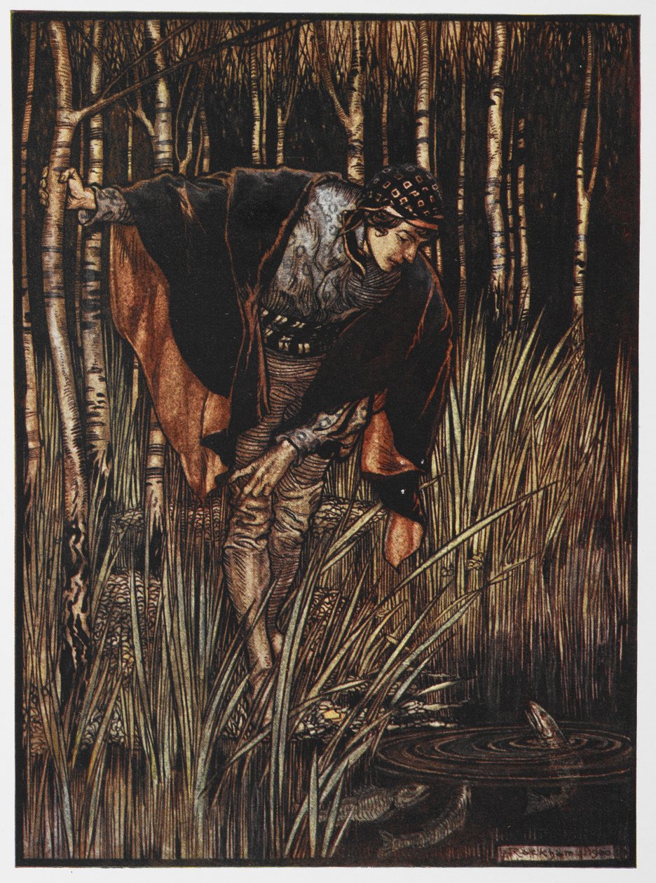 白蛇传》中池塘边的青年插图。 作者 亚瑟·拉克汉姆（Arthur Rackham）