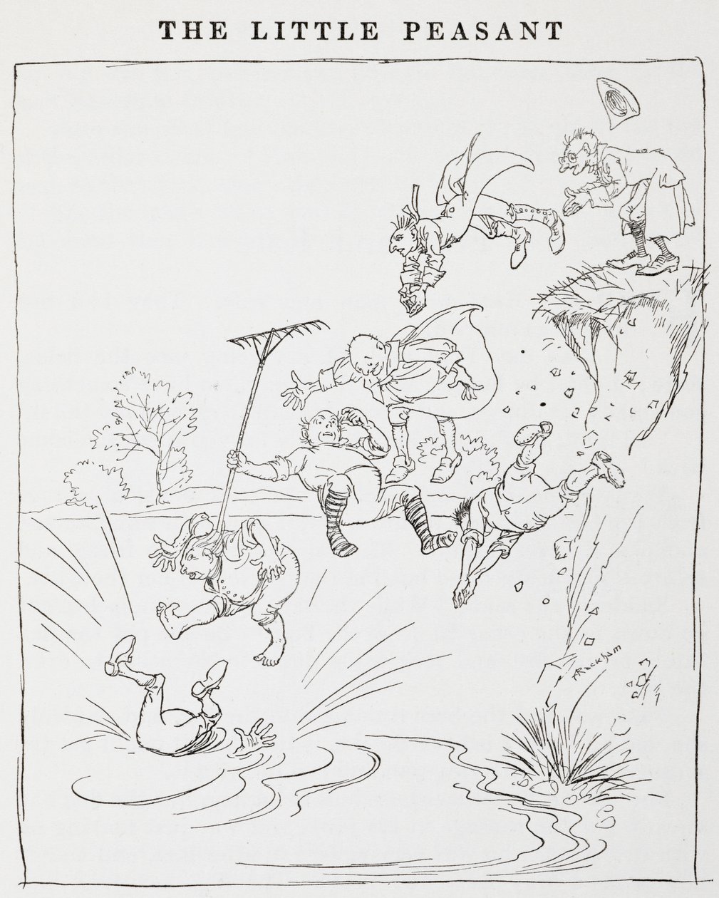 来自《小农民》的男子从悬崖上跳入池塘的插图。 作者 亚瑟·拉克汉姆（Arthur Rackham）