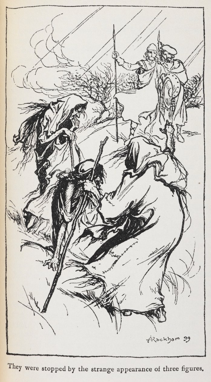 三个女巫麦克白和班柯的插图。 作者 亚瑟·拉克汉姆（Arthur Rackham）