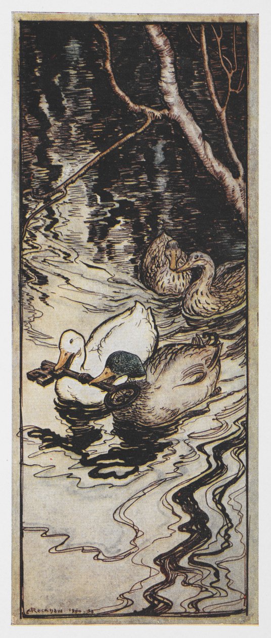 两只鸭子拿着《蜂后》中钥匙的插图。 作者 亚瑟·拉克汉姆（Arthur Rackham）