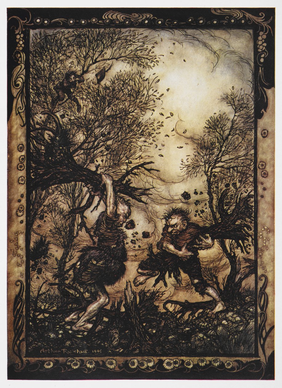 《勇敢的裁缝》中两个巨人与树木战斗的插图。 作者 亚瑟·拉克汉姆（Arthur Rackham）