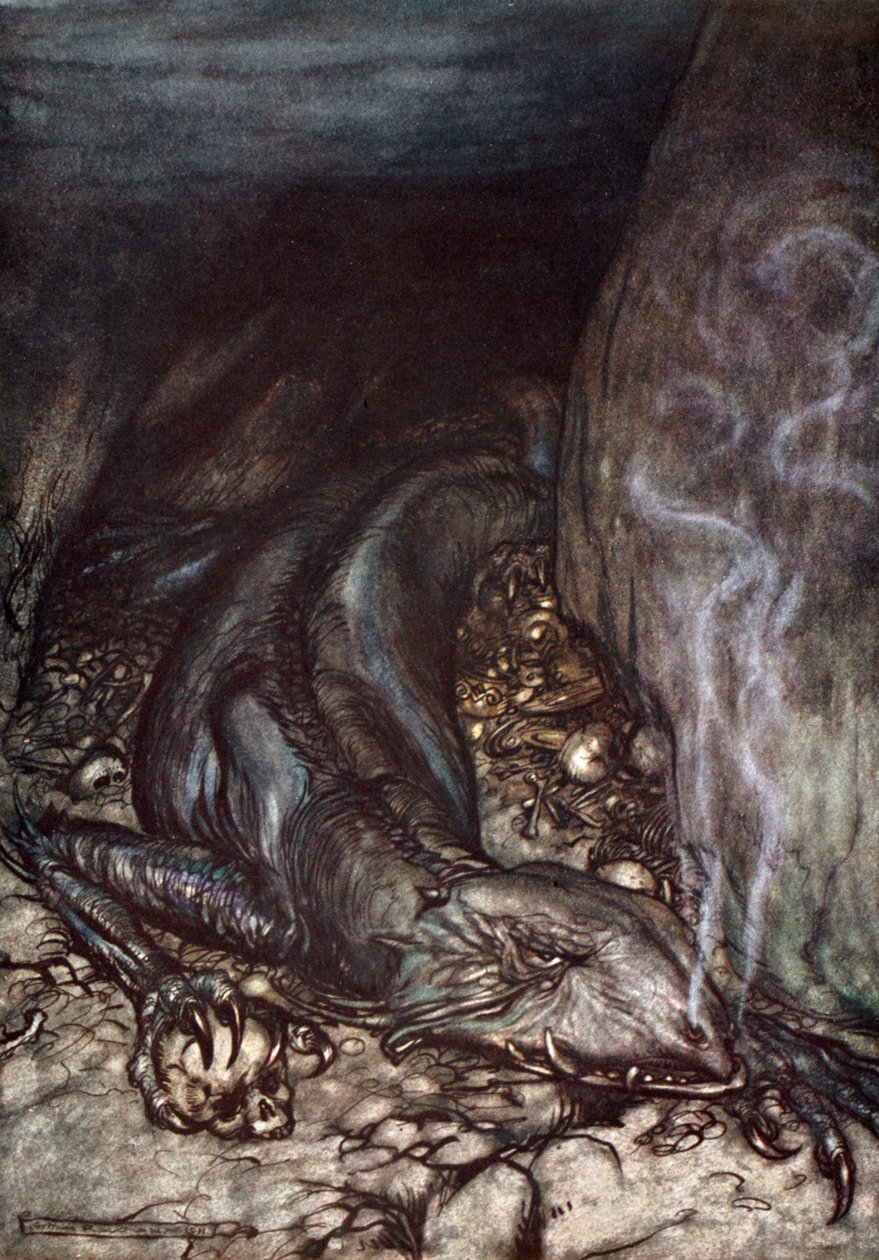 以龙的形式，法夫纳现在看着囤积物》，1924年。   作者 亚瑟·拉克汉姆（Arthur Rackham）