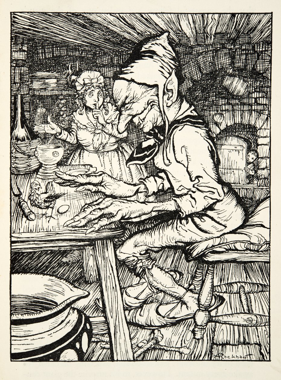 Lay !,咆哮着巨人，然后母鸡立即从The Arthur Rackham Fairy Book酒吧里放下一枚纯金蛋。 1933年 作者 亚瑟·拉克汉姆（Arthur Rackham）