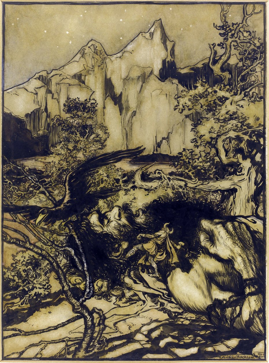 雷神的巨人之地之旅，亚瑟拉克姆 (1867-1939) 作者 亚瑟·拉克汉姆（Arthur Rackham）