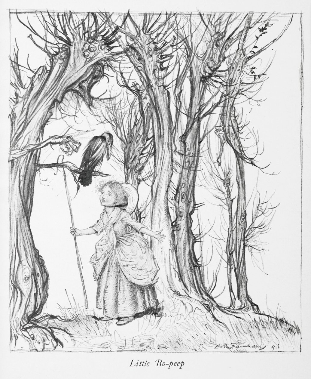 小波和一只鸟在树林里偷看。 作者 亚瑟·拉克汉姆（Arthur Rackham）