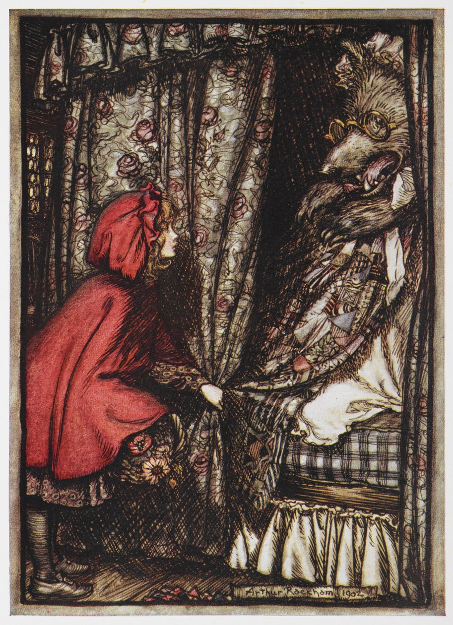 小红马和狼打扮成她的祖母。 作者 亚瑟·拉克汉姆（Arthur Rackham）