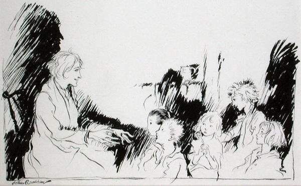 鬼魂、女巫和印第安人的长篇故事，华盛顿-欧文（1783-1859）的《Rip van Winkle》插图，1916年出版的版本（纸上笔墨）。 作者 亚瑟·拉克汉姆（Arthur Rackham）