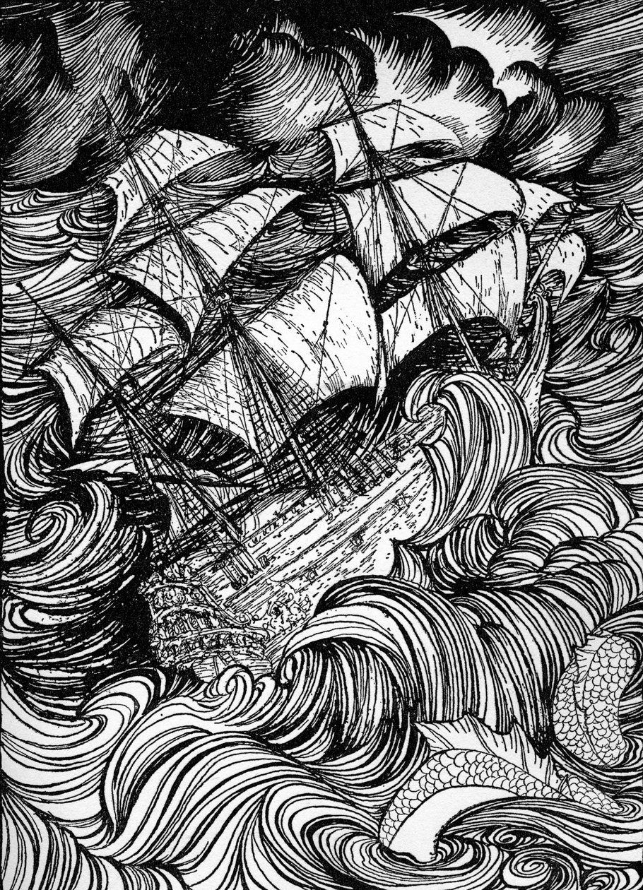 埃德加-爱伦-坡的《在瓶中发现的手稿》。 作者 亚瑟·拉克汉姆（Arthur Rackham）