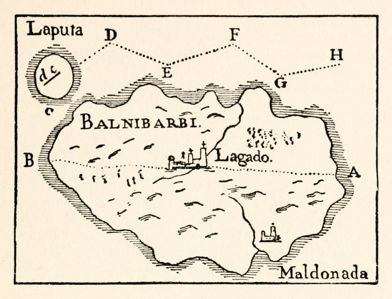 地图Laputa（飞行岛右上）和Balnibarbii（主要港口Maldonada）从第三部分：航行到Laputa，Balnibarbi，Luggnagg，Glubbdubdrib和日本在Gullivers旅行由Jonathan Swift 作者 亚瑟·拉克汉姆（Arthur Rackham）