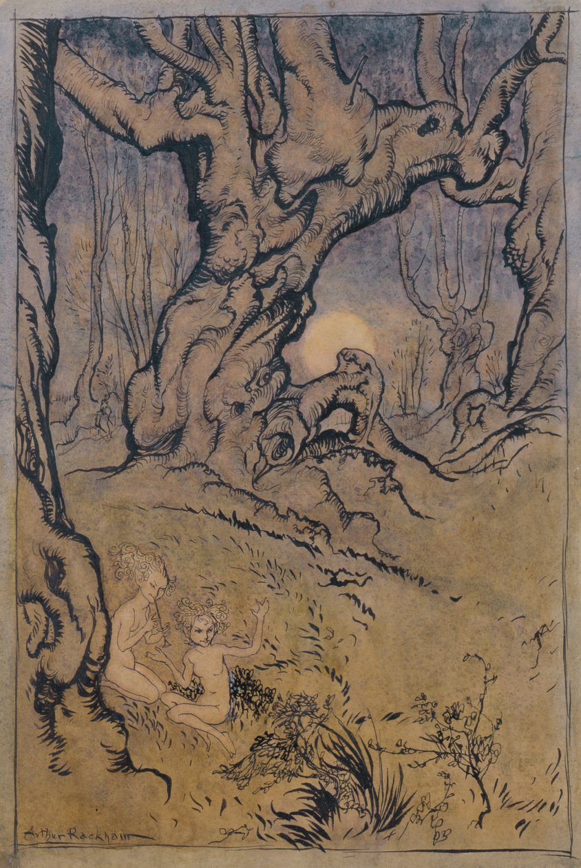 木月光仙女（笔墨，水墨和水粉） 作者 亚瑟·拉克汉姆（Arthur Rackham）