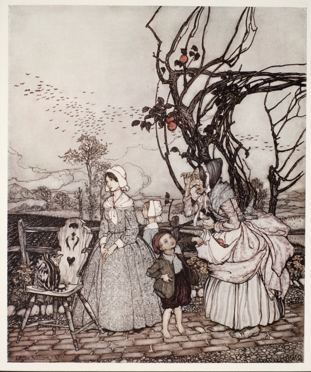 母亲和孩子们从收集苹果回来，来自Rip Van Winkle，华盛顿欧文，酒吧。 1910 作者 亚瑟·拉克汉姆（Arthur Rackham）