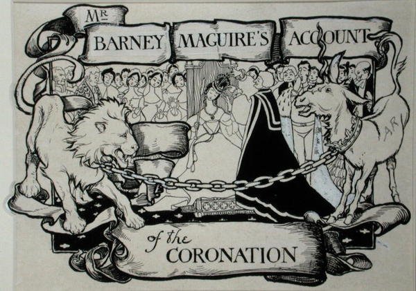 巴尼-马奎尔先生对加冕礼的描述，插图来自托马斯-英戈兹比的《英戈兹比传奇或欢乐与奇迹》，1898年出版（纸上笔墨）。 作者 亚瑟·拉克汉姆（Arthur Rackham）