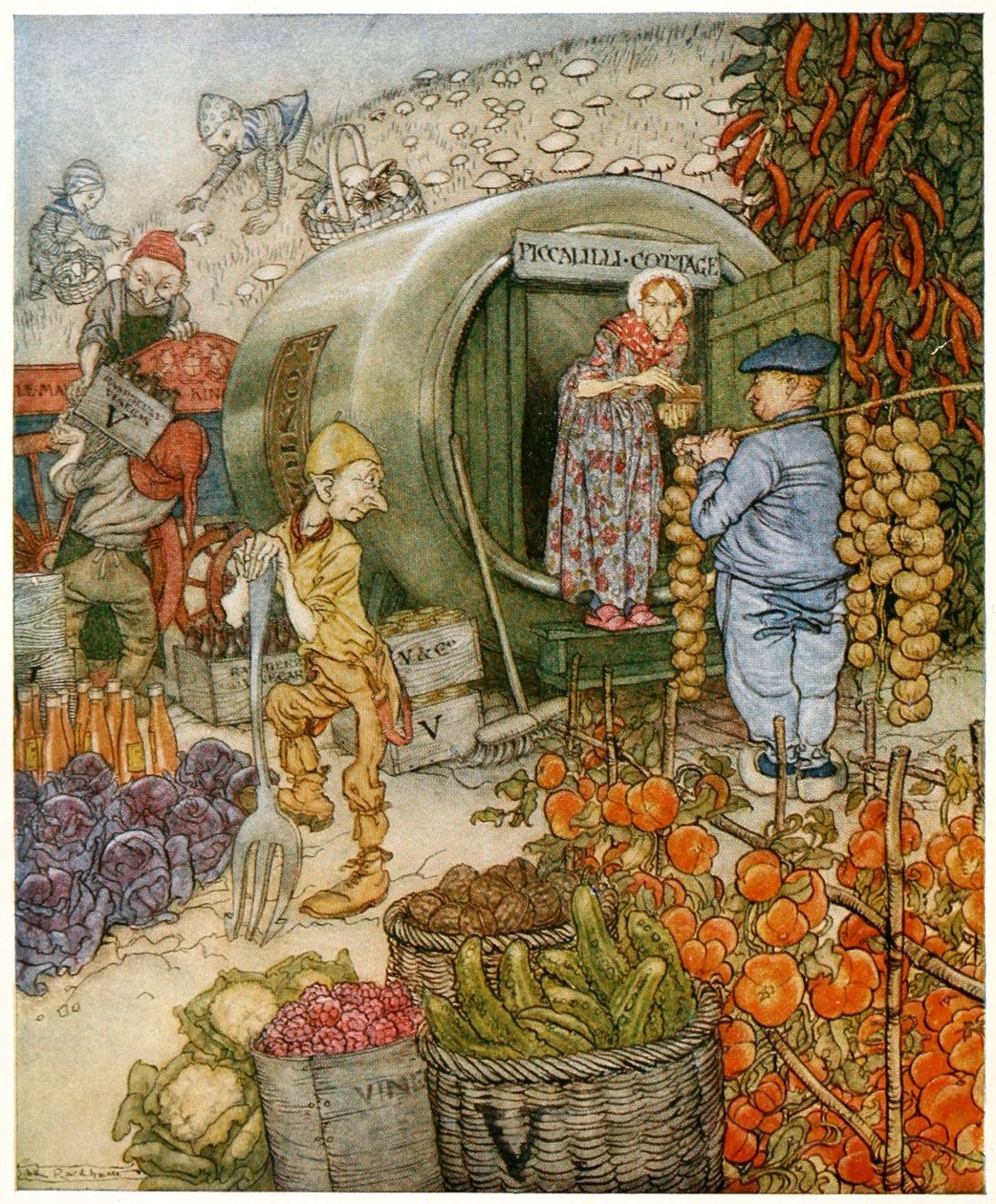 醋先生和醋太太在家里，《英国童话》的封面画，出版。1918年（彩色石版画 作者 亚瑟·拉克汉姆（Arthur Rackham）