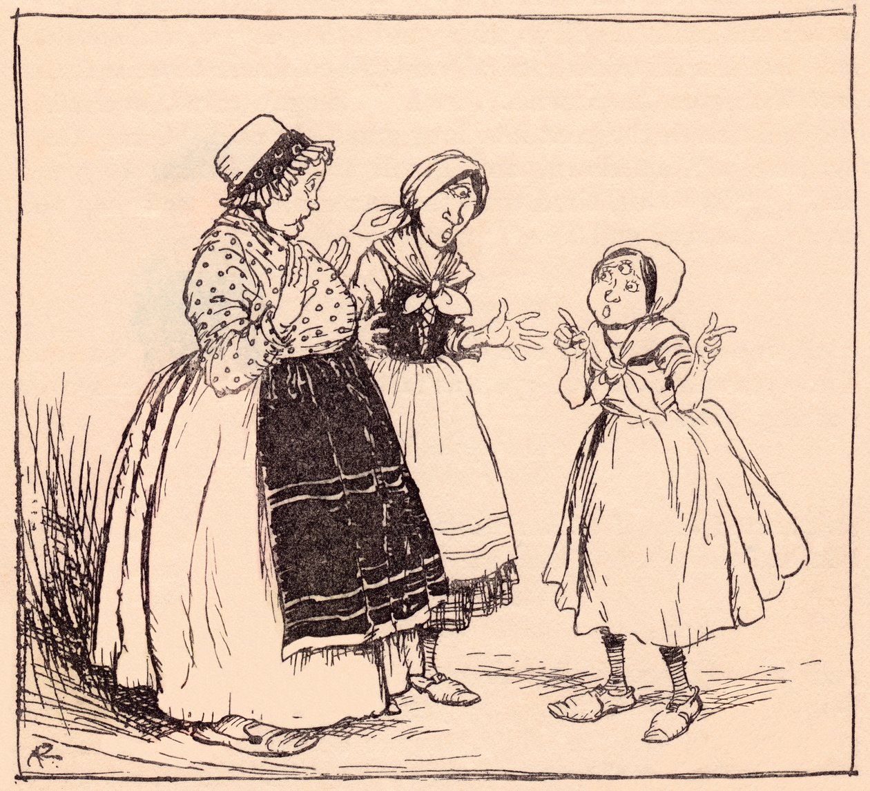现在我知道为什么那个自以为是的东西不吃东西了。 亚瑟·拉克姆 (Arthur Rackham) 插图，选自格林童话《一只眼、两只眼和三只眼》。 作者 亚瑟·拉克汉姆（Arthur Rackham）