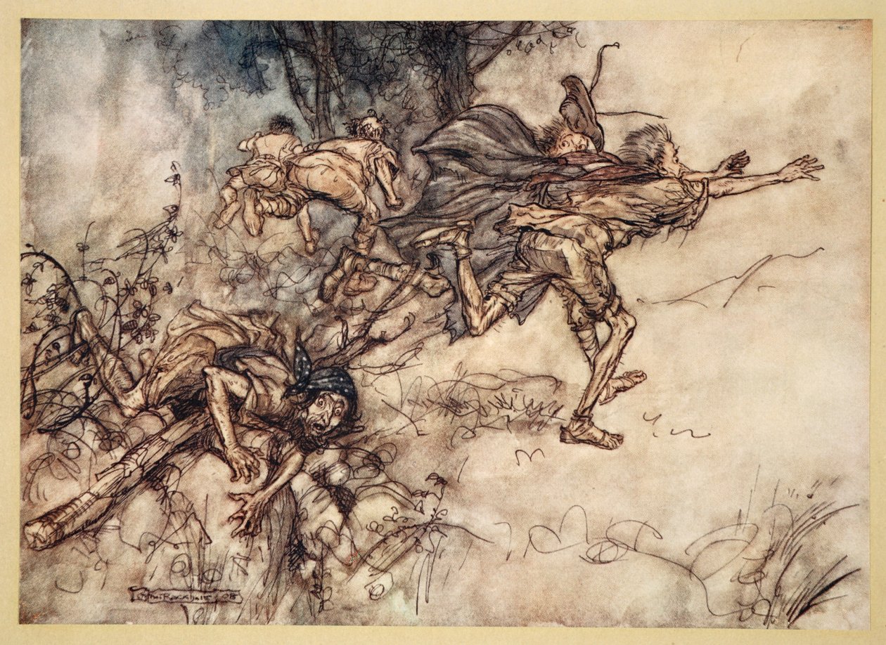 哎呀！哦奇怪！我们闹鬼。祈祷，大师！飞，大师！帮助！，威廉·莎士比亚的“仲夏夜之梦”中的插图，1908年 作者 亚瑟·拉克汉姆（Arthur Rackham）