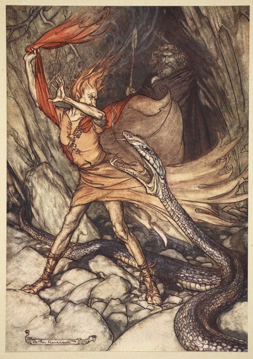 “哦呵！大江！可怕的龙啊，不要吞我！免除了可怜的Loge的生活！&39;，1910年来自&39;The Rhinegold and the Valkyrie&39;的插图 作者 亚瑟·拉克汉姆（Arthur Rackham）