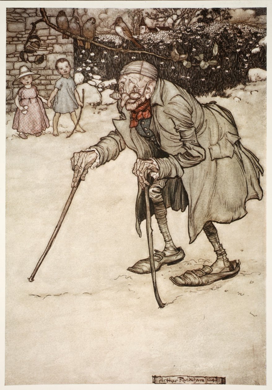 有两根棍子的老人，从华盛顿欧文的Rip Van Winkle，酒吧。 1910 作者 亚瑟·拉克汉姆（Arthur Rackham）