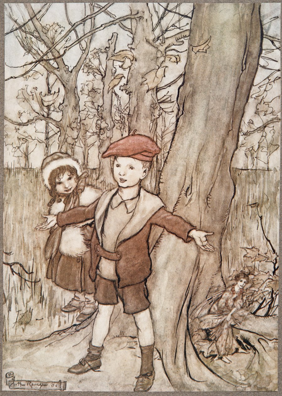 有一天，他们被一位仙女偷听，来自JM Barrie（1860  -  1937）肯辛顿花园的小潘。 1906年 作者 亚瑟·拉克汉姆（Arthur Rackham）