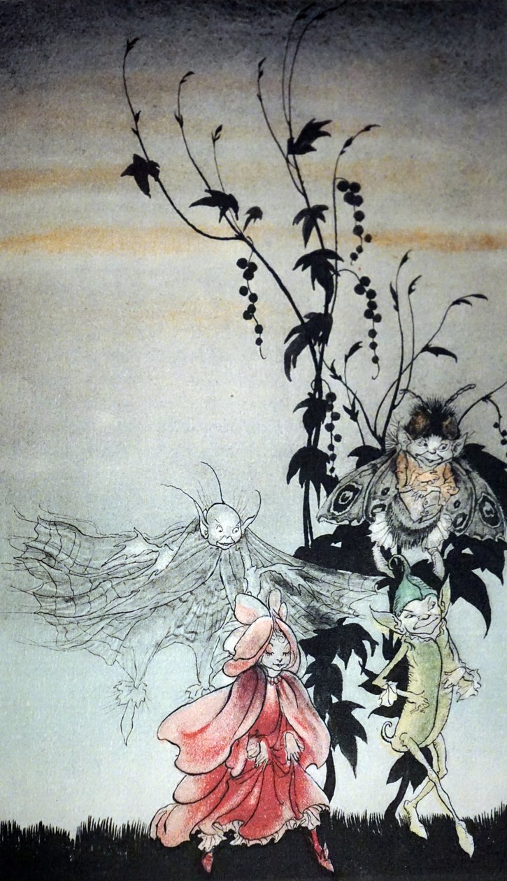 豌豆花、蜘蛛网、飞蛾、芥子，亚瑟·拉克姆在仲夏夜之梦中参加泰坦尼亚的仙女 作者 亚瑟·拉克汉姆（Arthur Rackham）