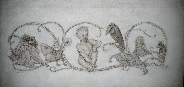 彼得-潘，《彼得-潘在伦敦肯辛顿花园》的插图，1906年出版（纸上笔墨和水彩）。 作者 亚瑟·拉克汉姆（Arthur Rackham）