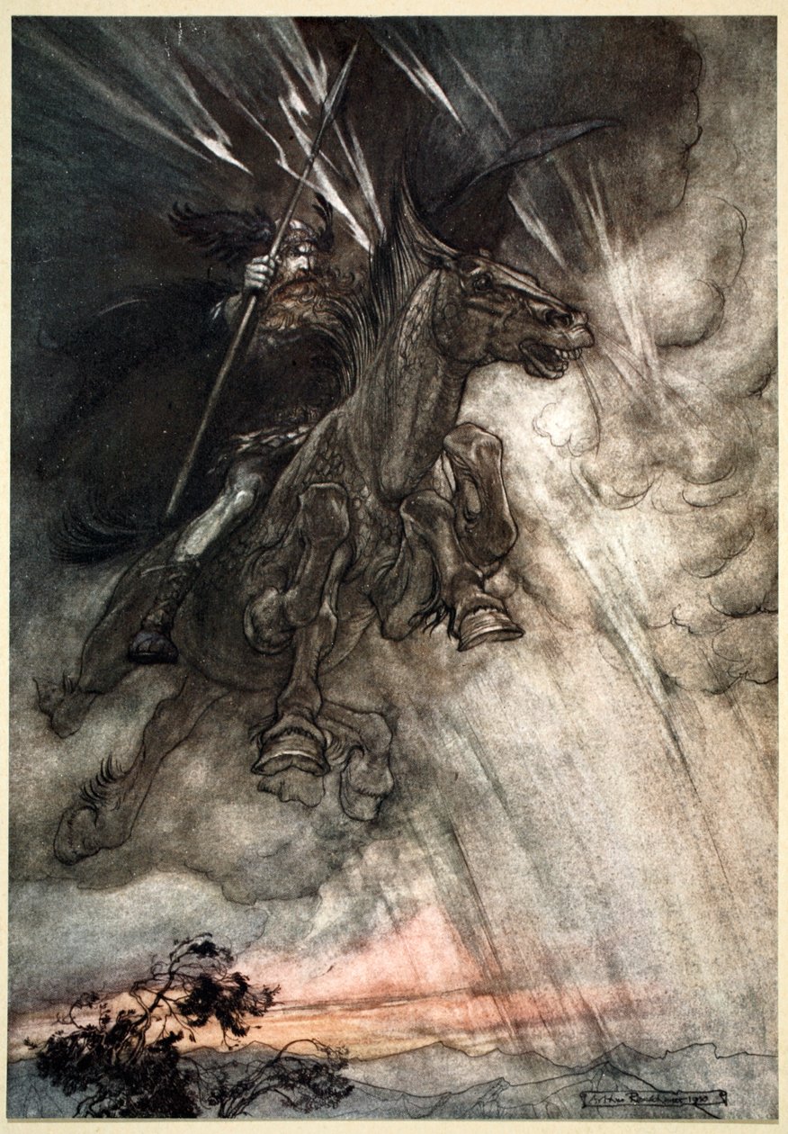 汹涌澎湃，沃坦骑到了岩石上!他像暴风一样来了！"，1910年。   作者 亚瑟·拉克汉姆（Arthur Rackham）