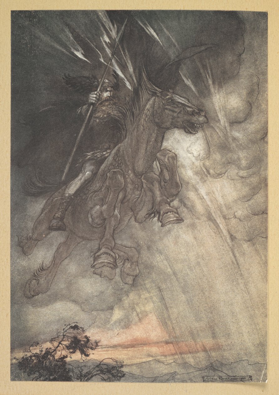 "咆哮的沃坦骑向岩石他像狂风一样袭来！" 作者 亚瑟·拉克汉姆（Arthur Rackham）