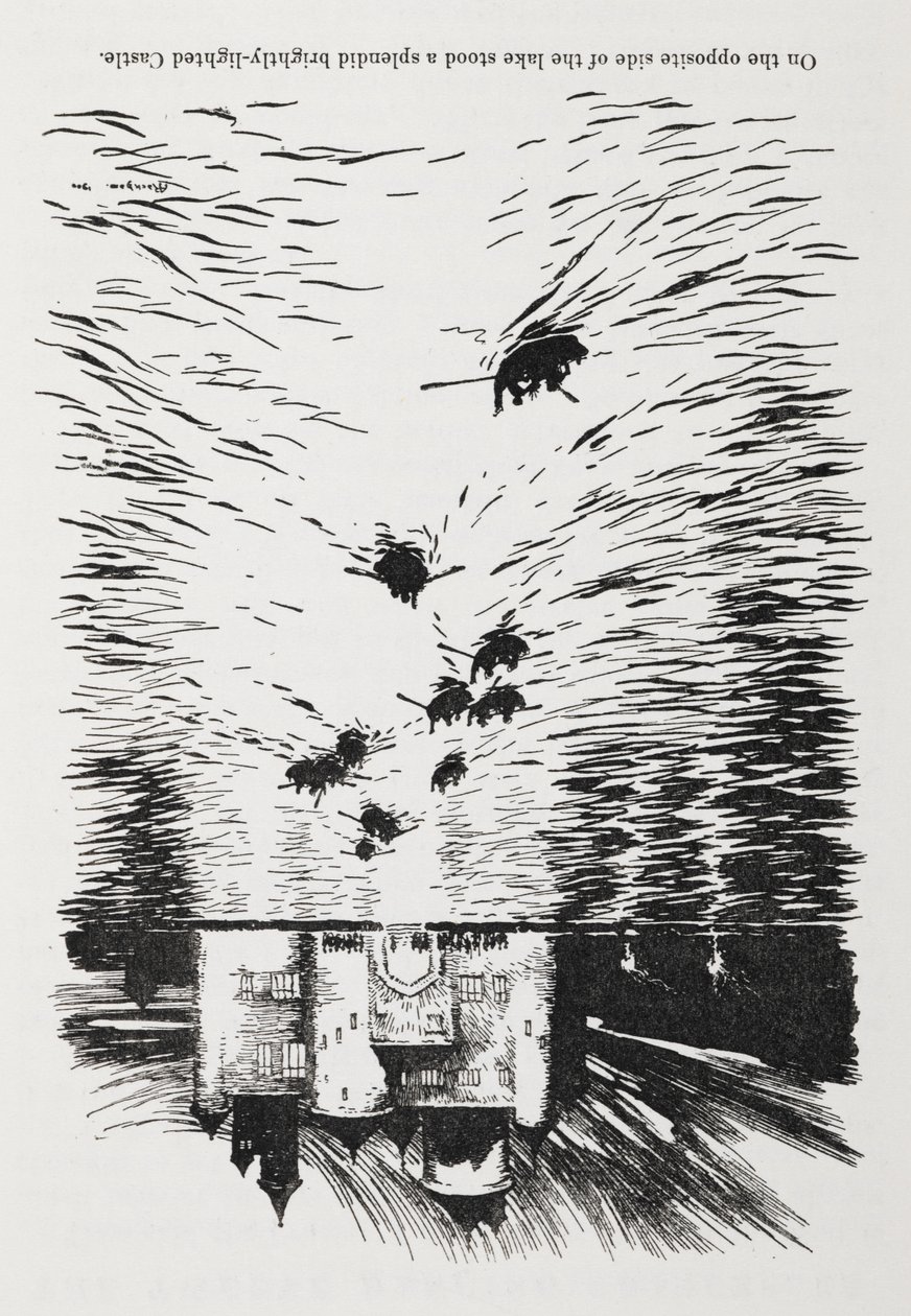 Rowing boats on a river approaching a castle at night. 作者 亚瑟·拉克汉姆（Arthur Rackham）