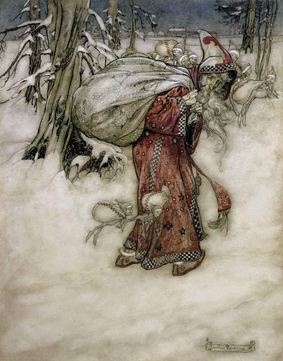 圣诞老人，插图来自Arthur Rackhams图片集，1907年，1913年出版（钢笔，墨水和纸张上写着） 作者 亚瑟·拉克汉姆（Arthur Rackham）