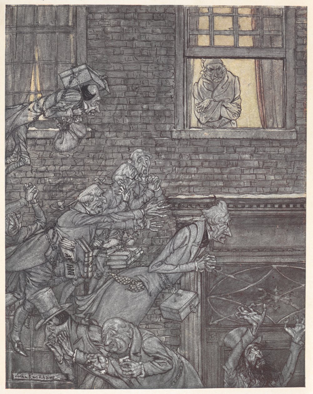 斯克鲁奇在窗前看着下面街道上的鬼魂 作者 亚瑟·拉克汉姆（Arthur Rackham）