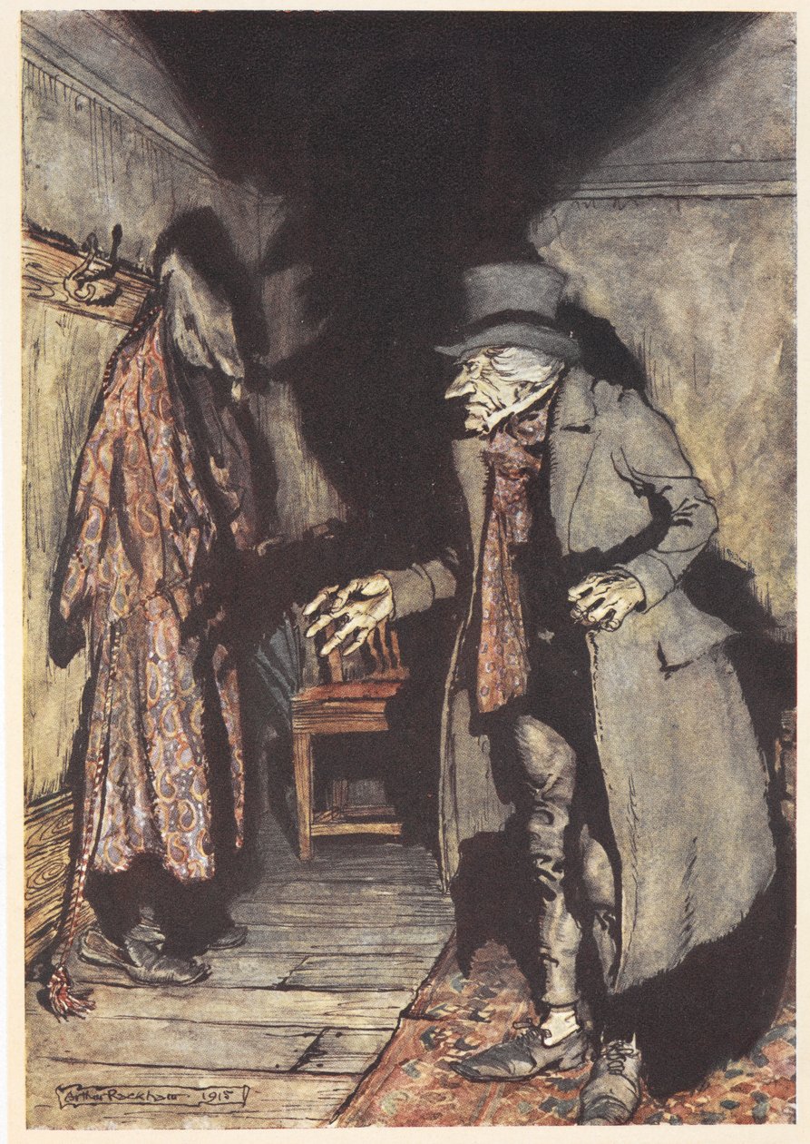 斯克鲁奇晚上在他的房子里 作者 亚瑟·拉克汉姆（Arthur Rackham）