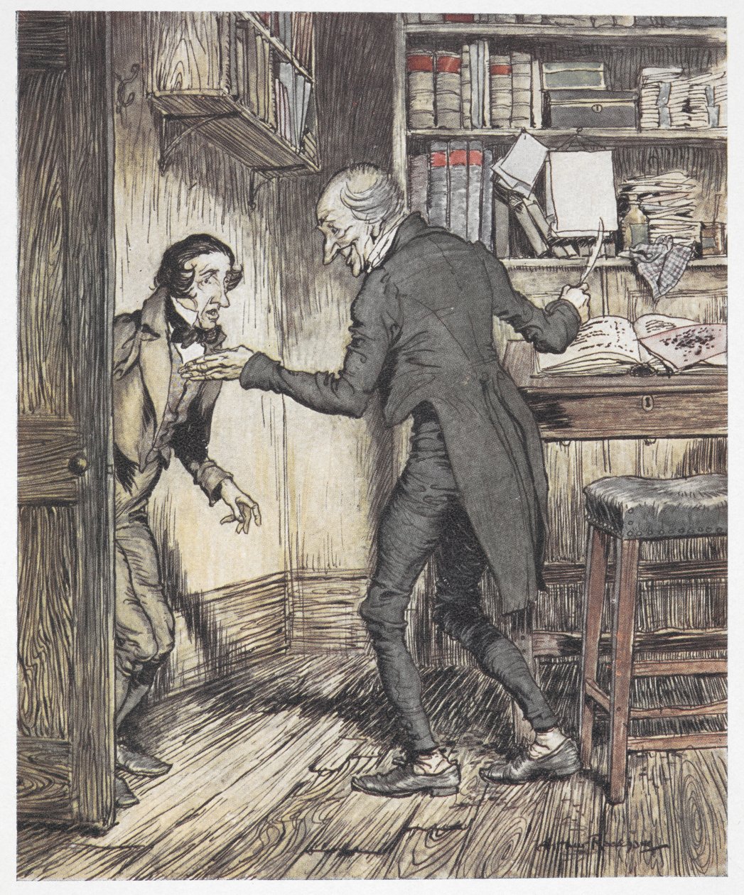 史古治在办公室写作，另一个人走进来 作者 亚瑟·拉克汉姆（Arthur Rackham）
