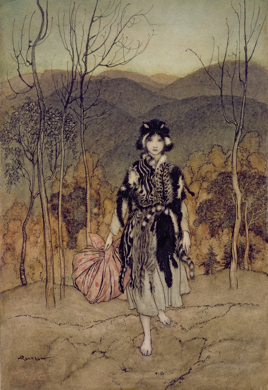 她一直沿着，沿着Catskin去，英国童话故事中的插图，1918年由FA Steel重新讲述（笔和墨水，wc） 作者 亚瑟·拉克汉姆（Arthur Rackham）