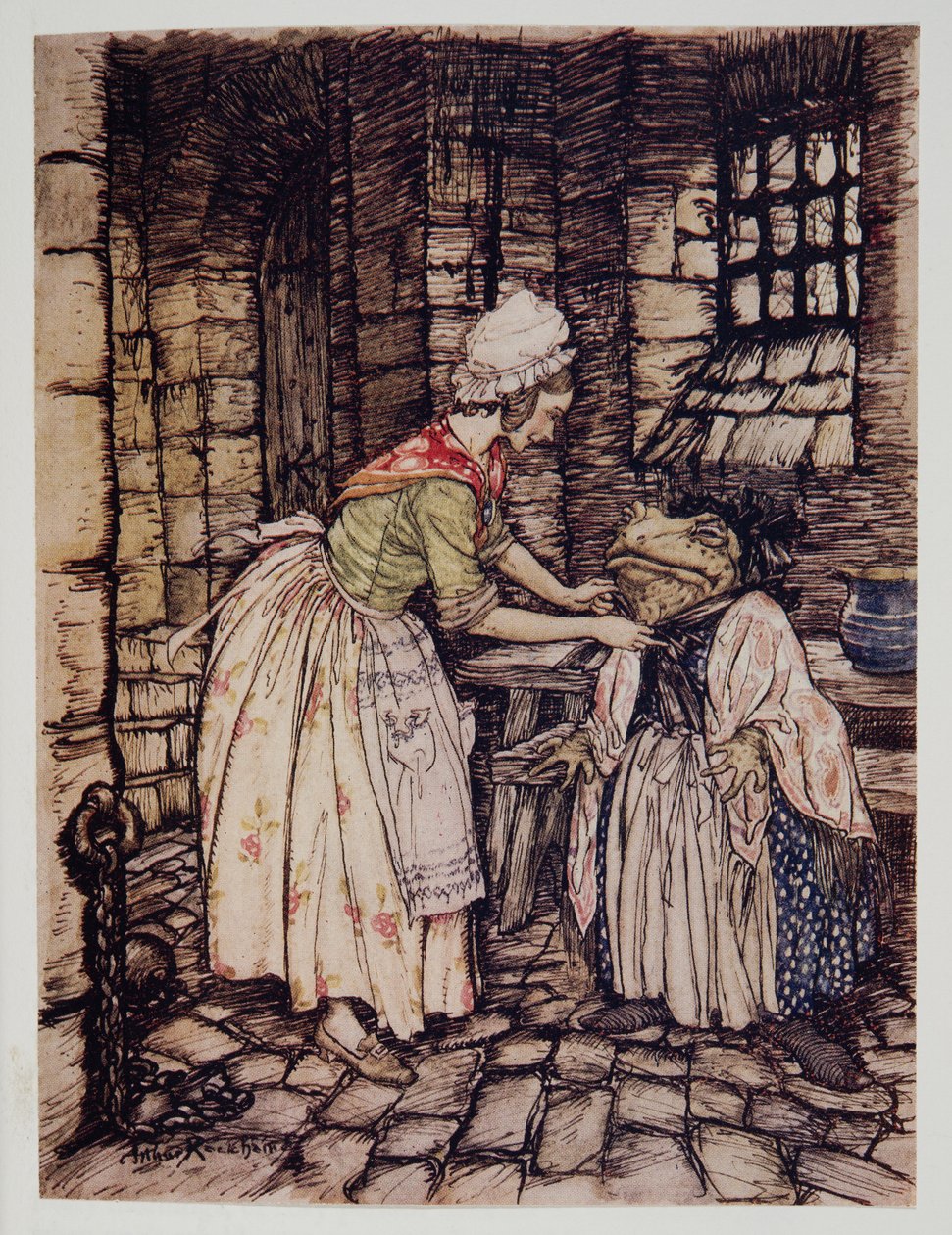 她用披肩褶皱整理了披肩，并将生锈的帽子的绳子绑在下巴下，由Kenneth Grahame（1859  -  1932年），酒吧中的Wind in the Willows。 1940年 作者 亚瑟·拉克汉姆（Arthur Rackham）
