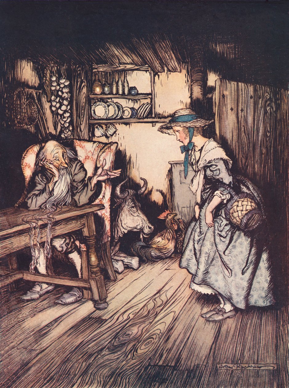 她非常漂亮地请求允许在那里过夜。 亚瑟·拉克姆 (Arthur Rackham) 为格林童话《森林中的小屋》绘制的插图，出版于 19 世纪末。 作者 亚瑟·拉克汉姆（Arthur Rackham）
