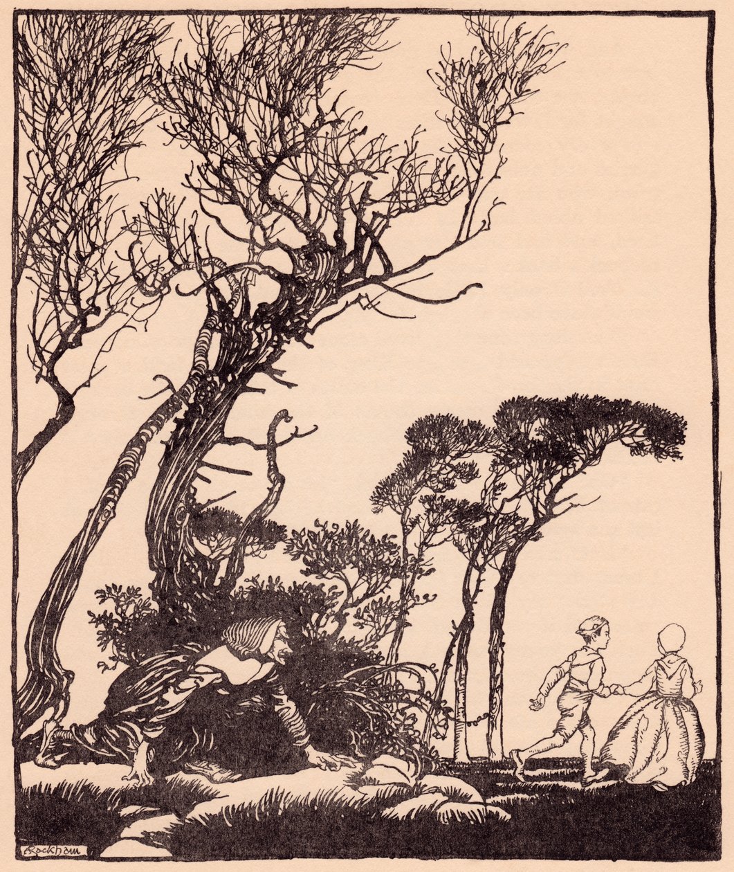 她偷偷地跟在他们后面，就像女巫一样。 亚瑟·拉克姆 (Arthur Rackham) 为格林童话《弟弟和妹妹》绘制的插图。 作者 亚瑟·拉克汉姆（Arthur Rackham）