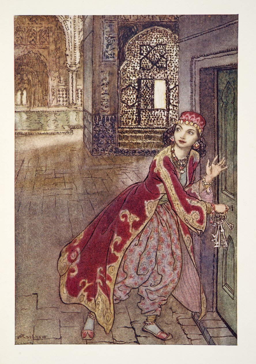 她拿起小钥匙，从阿瑟拉克姆仙女书，酒吧里打开门，颤抖着。 1933年 作者 亚瑟·拉克汉姆（Arthur Rackham）