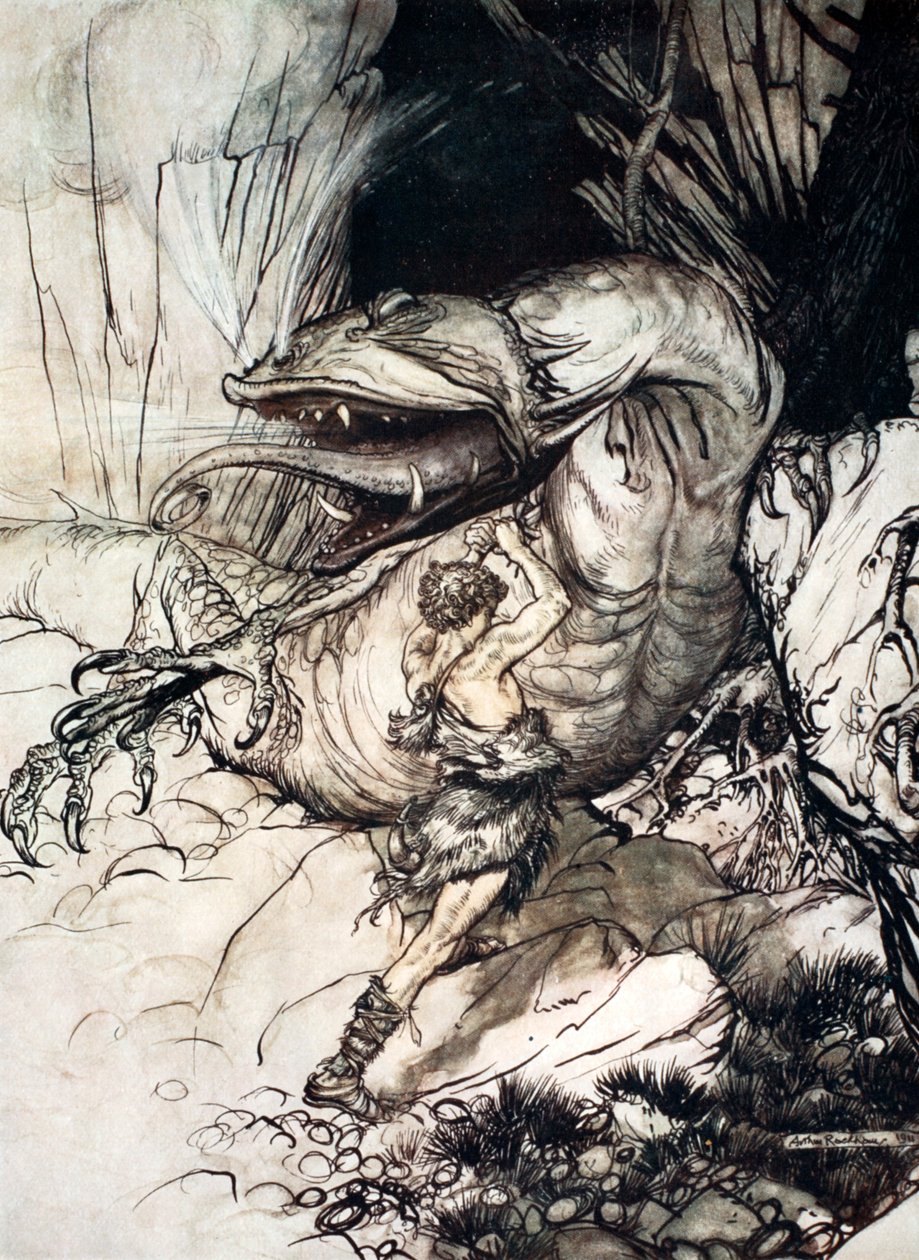 齐格弗里德杀死了法夫纳》，1924年。 作者 亚瑟·拉克汉姆（Arthur Rackham）