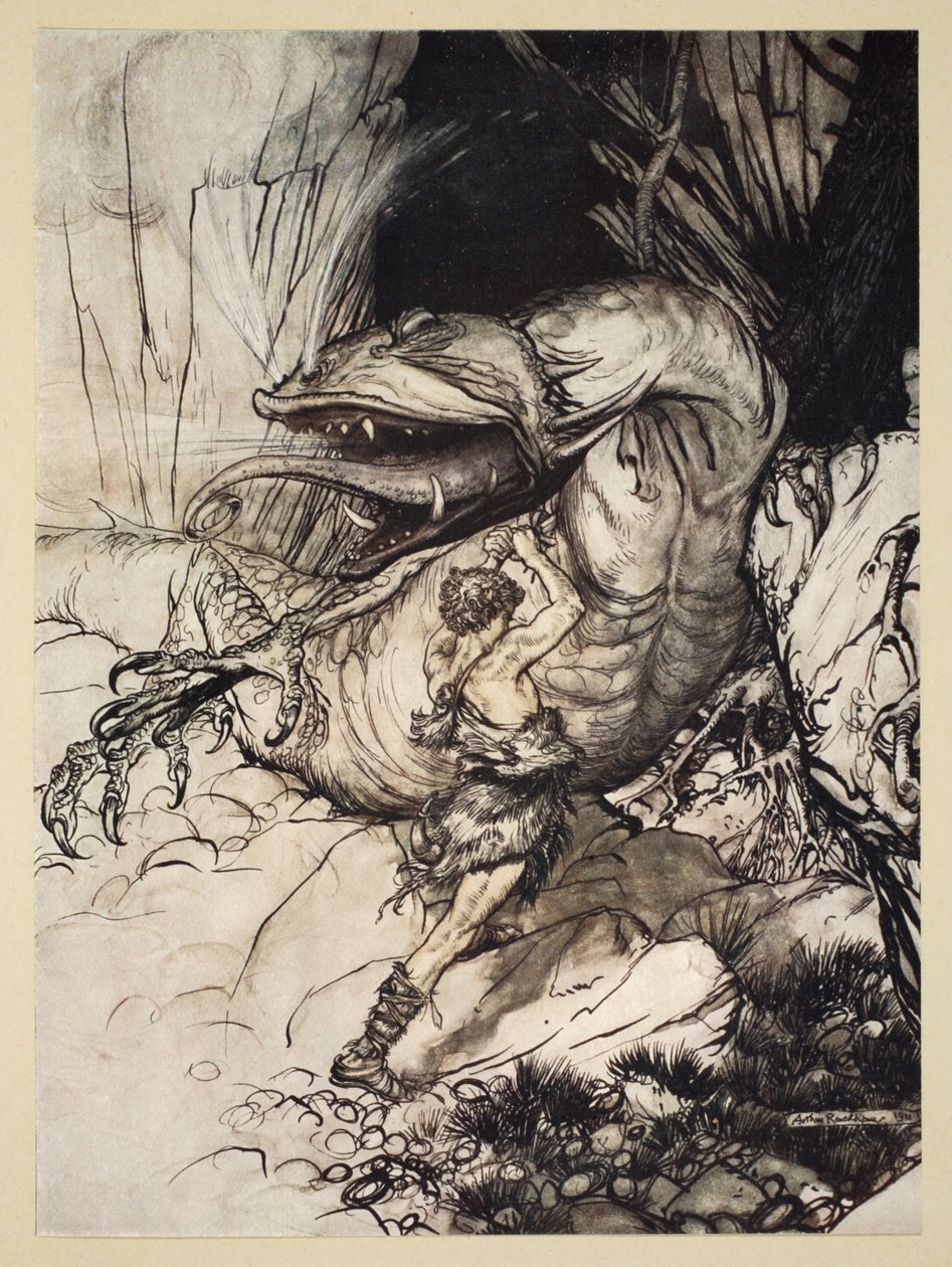齐格弗里德杀死了Fafner，插图来自&39;Siegfried和众神的暮光&39;，1924年 作者 亚瑟·拉克汉姆（Arthur Rackham）