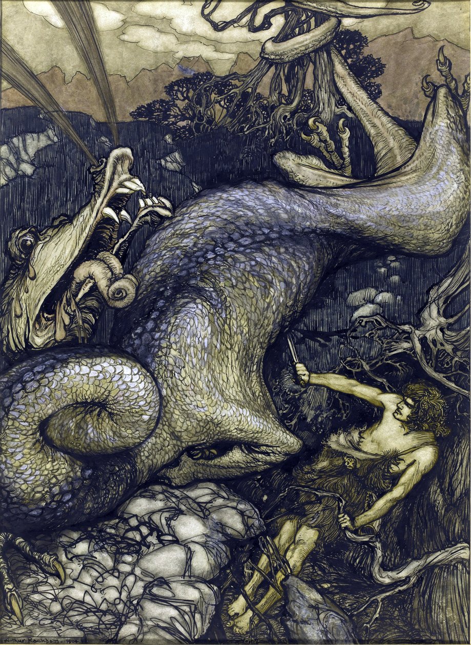 屠龙者齐格弗里德 - 屠龙者齐格德，亚瑟拉克姆 (1867-1939) 作者 亚瑟·拉克汉姆（Arthur Rackham）