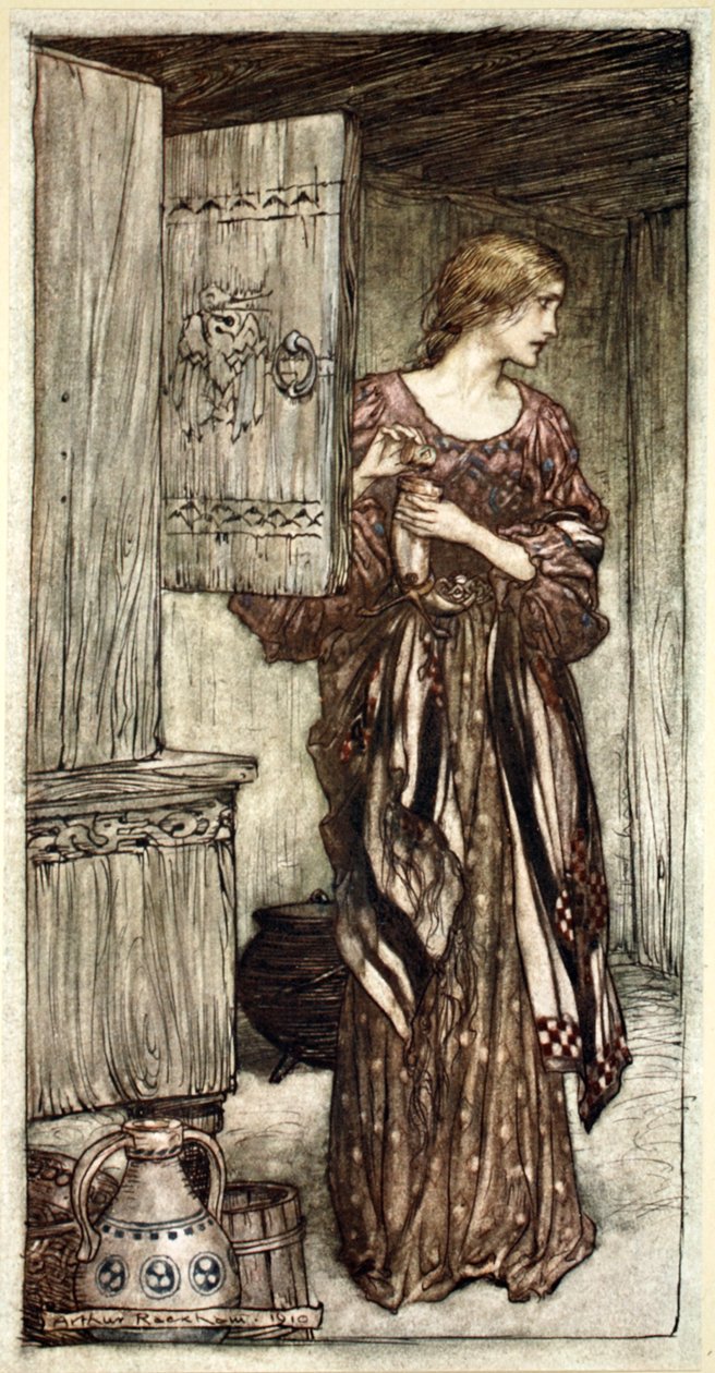 Sieglinde为Hunding准备晚上的酒水》，1910年。   作者 亚瑟·拉克汉姆（Arthur Rackham）