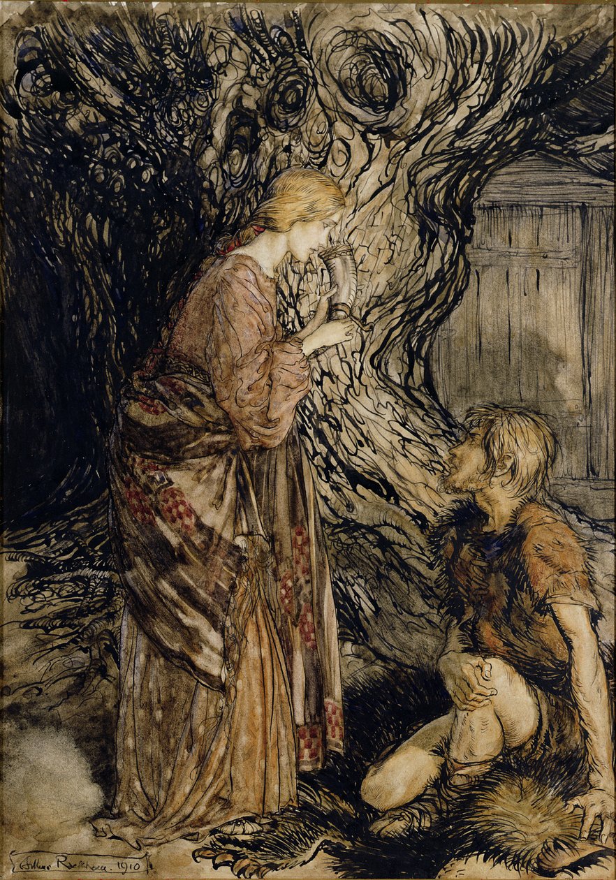 Siegmund和Sieglinde，来自Rhinegold的插图和Valkyrie的理查德·瓦格纳，Heinemann，1910年（笔和墨水在纸上写着） 作者 亚瑟·拉克汉姆（Arthur Rackham）