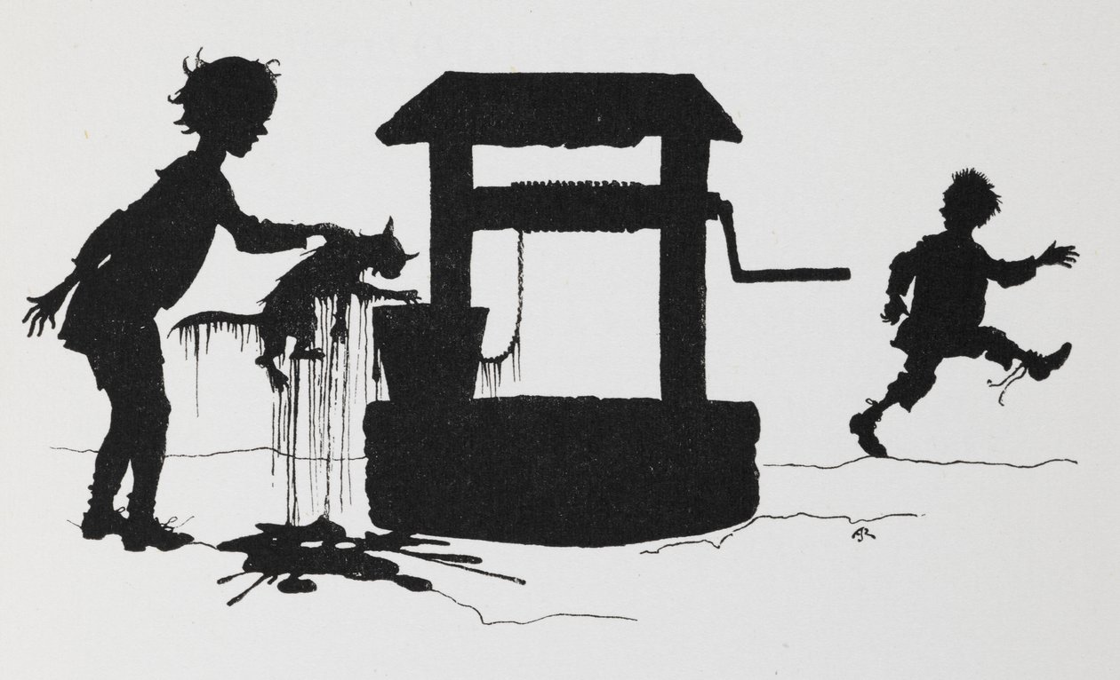 一个男孩从井里拽出一只猫的剪影。 作者 亚瑟·拉克汉姆（Arthur Rackham）