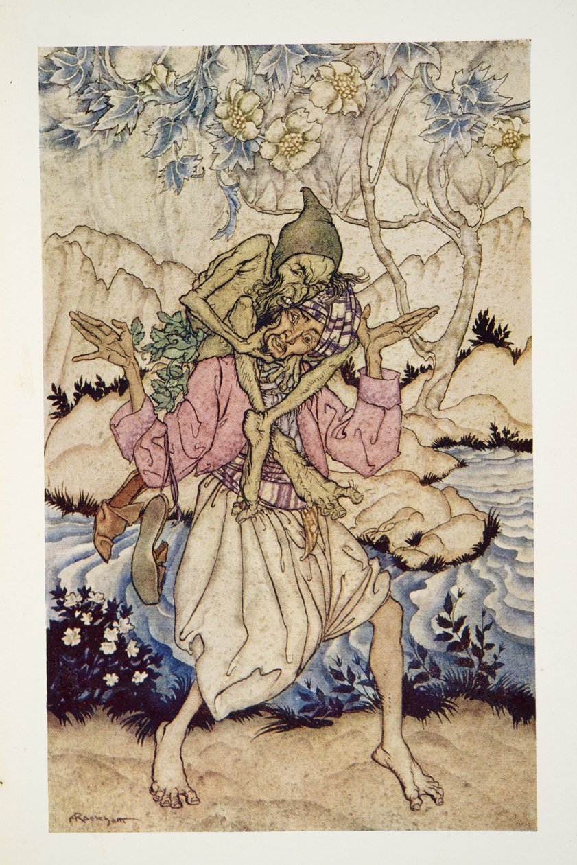 Sinbad肩负着海洋老人的肩膀，来自The Arthur Rackham Fairy Book，pub。 1933年 作者 亚瑟·拉克汉姆（Arthur Rackham）